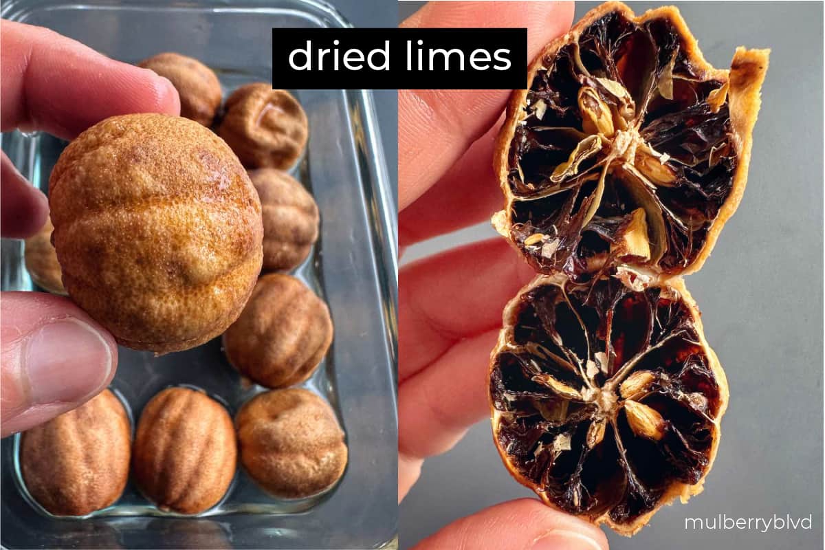 Dried limes whole and cut in half to show what they look like.