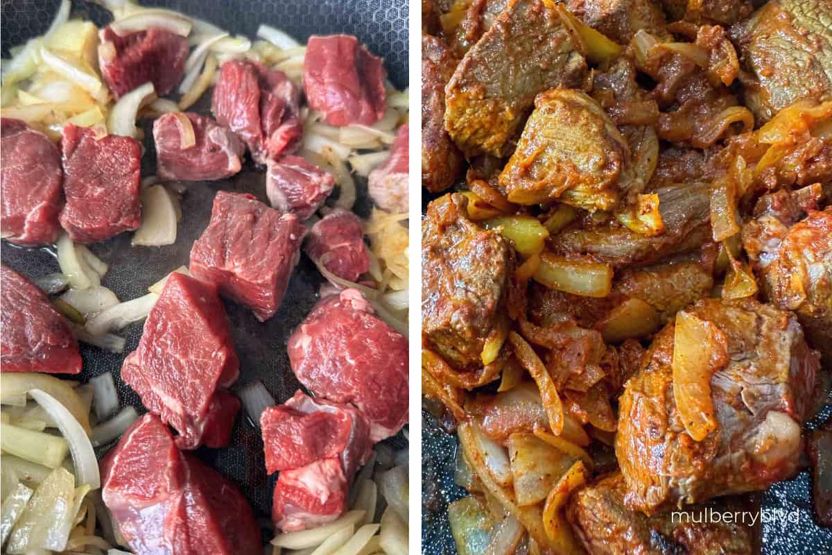 Stew meat before and after browning with onions.