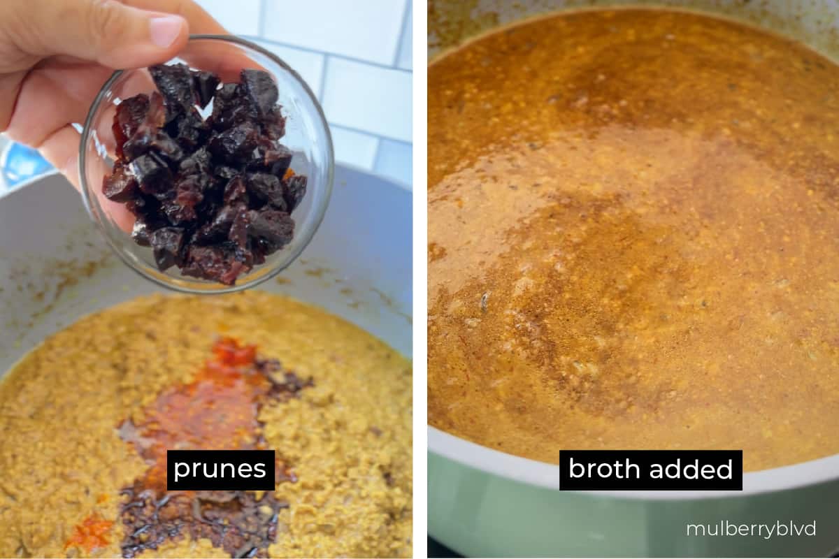 Prunes and broth being added to stew mixture