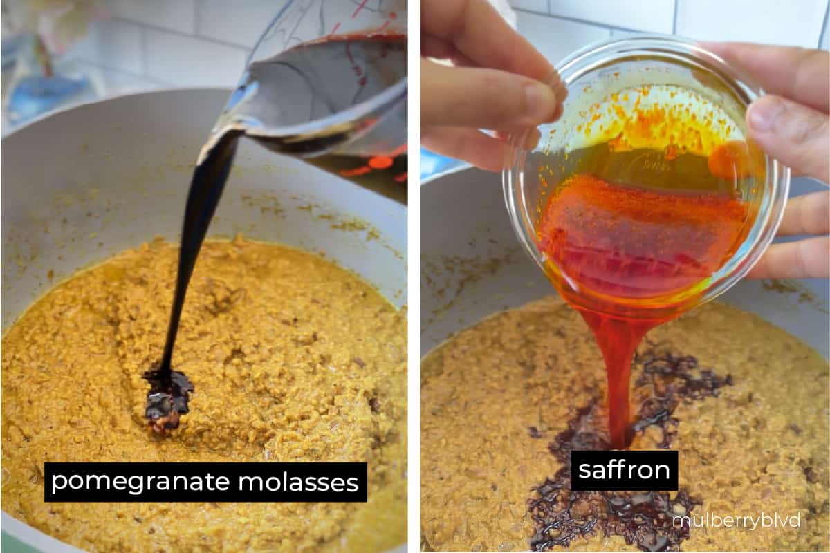 Pomegranate molasses and saffron being added to stew mixture