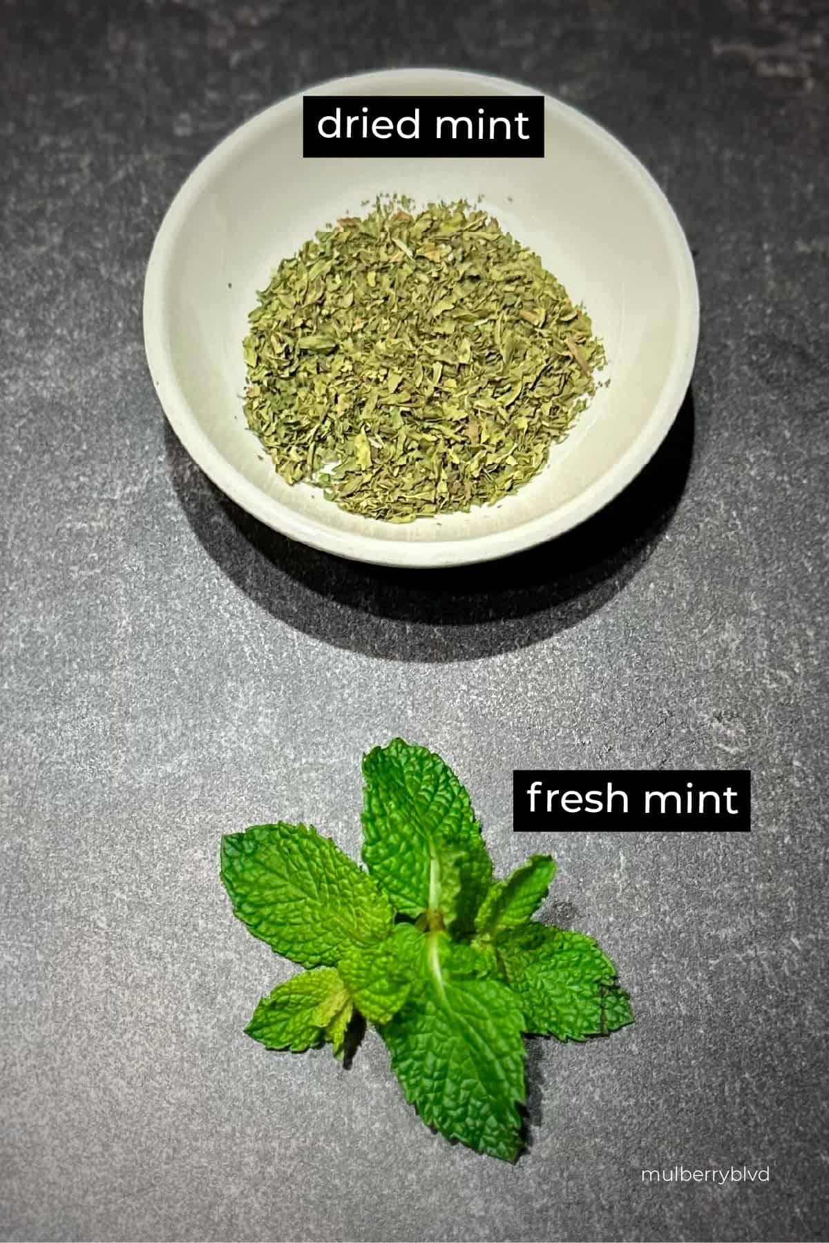 Dried mint in a bowl and fresh mint