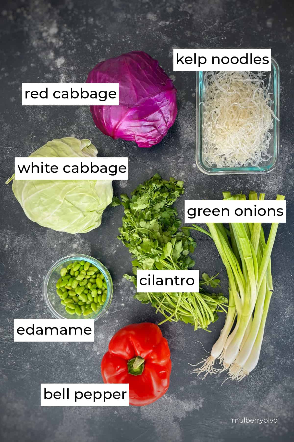 Ingredients, red cabbage, kelp noodles, white cabbage, green onion, cilantro, edamame, bell pepper