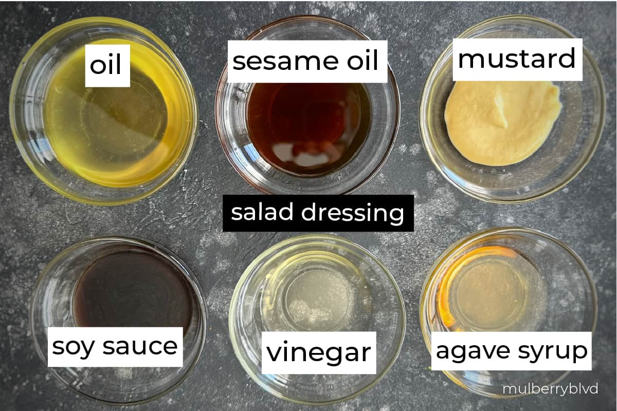 Salad dressing ingredients, oil, sesame oil, mustard, soy sauce, vinegar, agave syrup