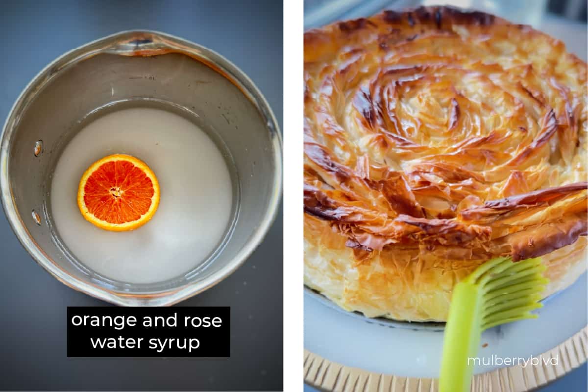 Orange slice in rose water syrup and picture of brushing it on to the baklava cheesecake