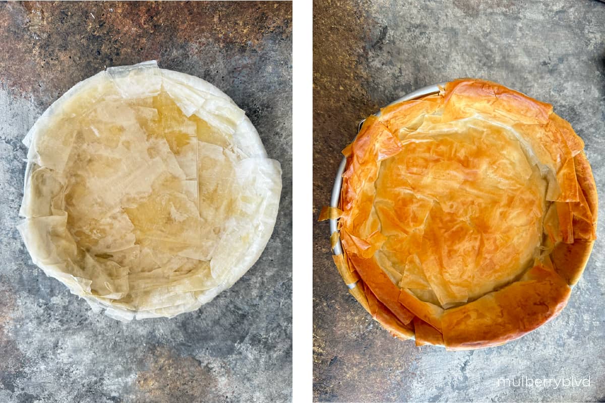 First layer of phyllo dough before and after baking