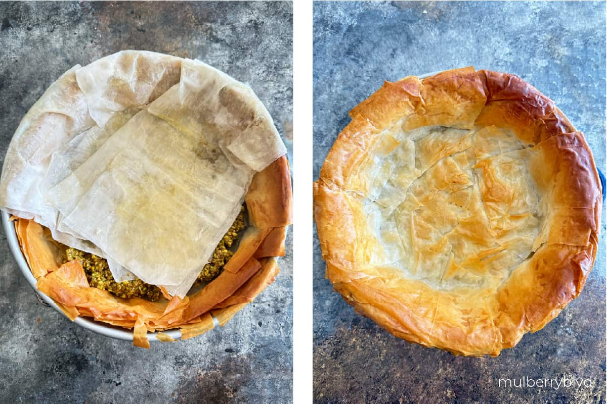 Covering the bottom nut mixture with phyllo before and after baking