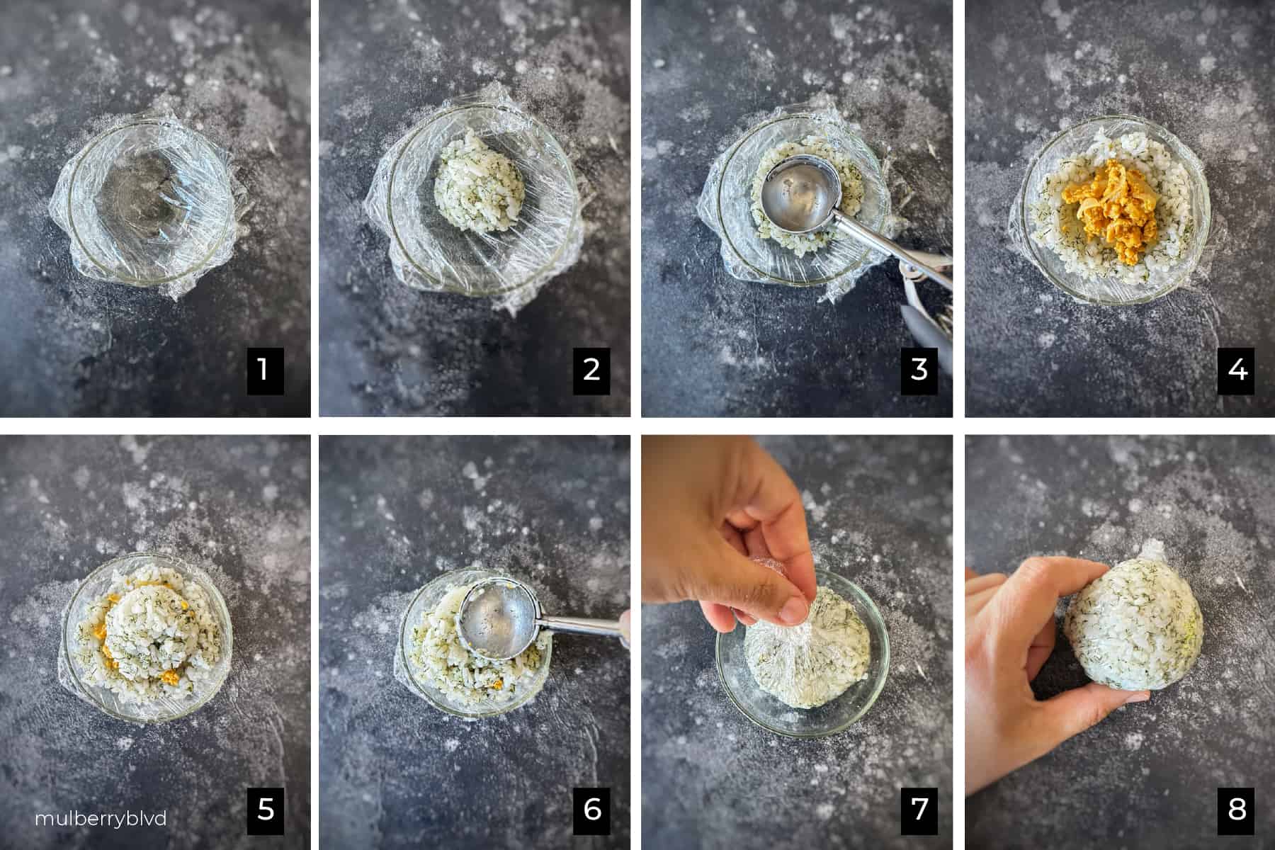 Step by step process for forming the Crispy Tahdig rice balls