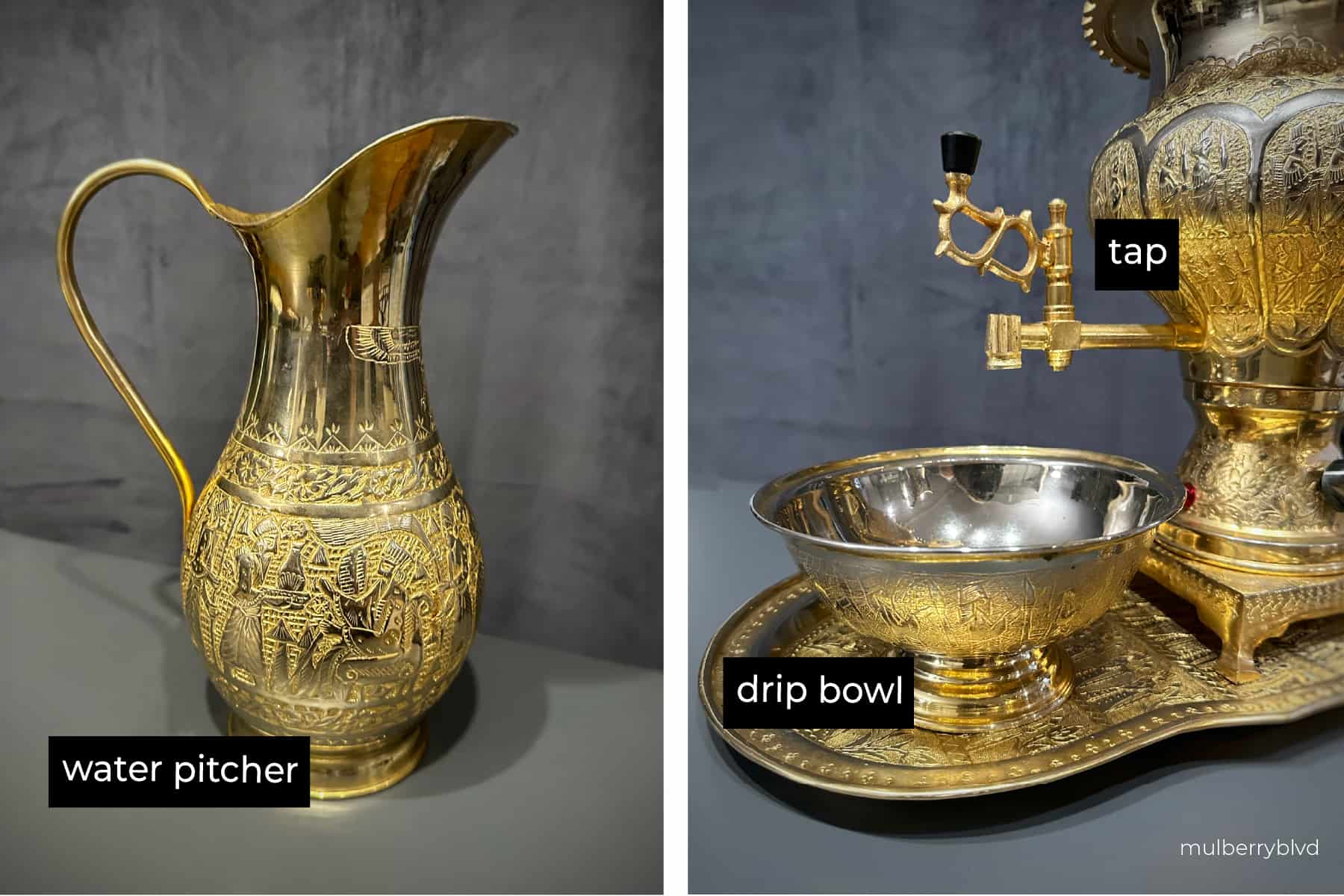 Gold water pitcher and picture of the tap and drip bowl