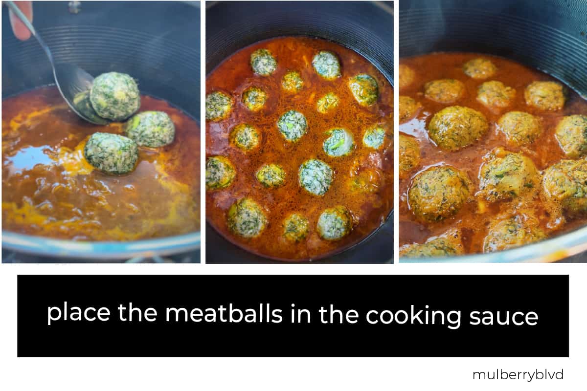 Placing the Persian meatballs in the pot of cooking sauce