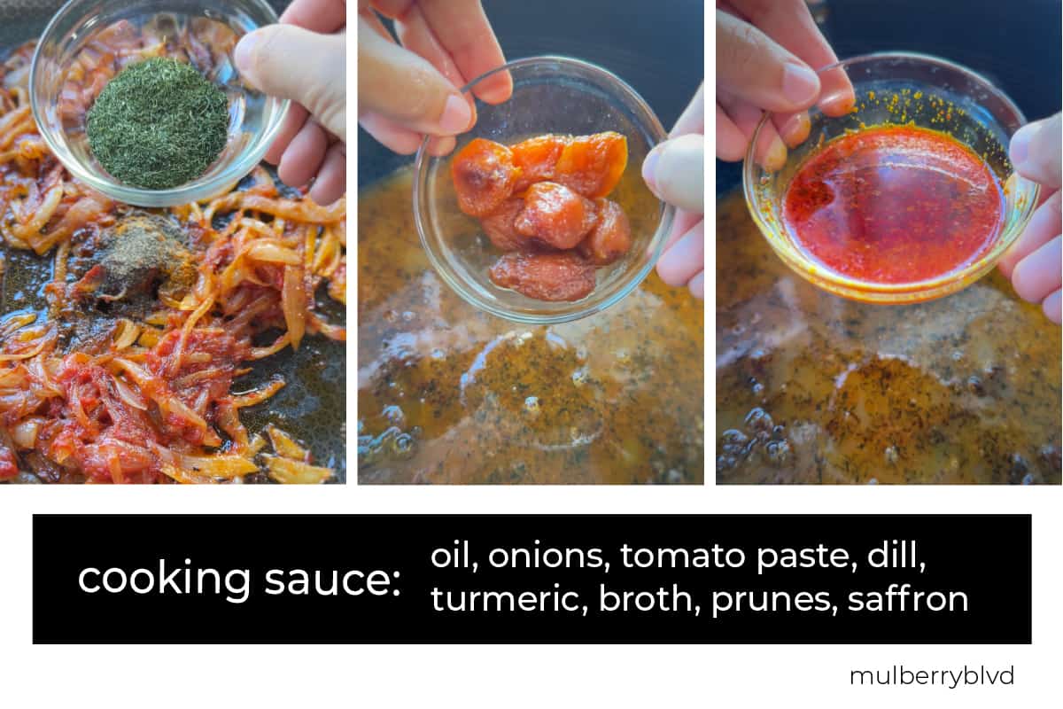 Cooking sauce images. Oil, onions, tomato paste, dill, turmeric, broth, prunes, saffron