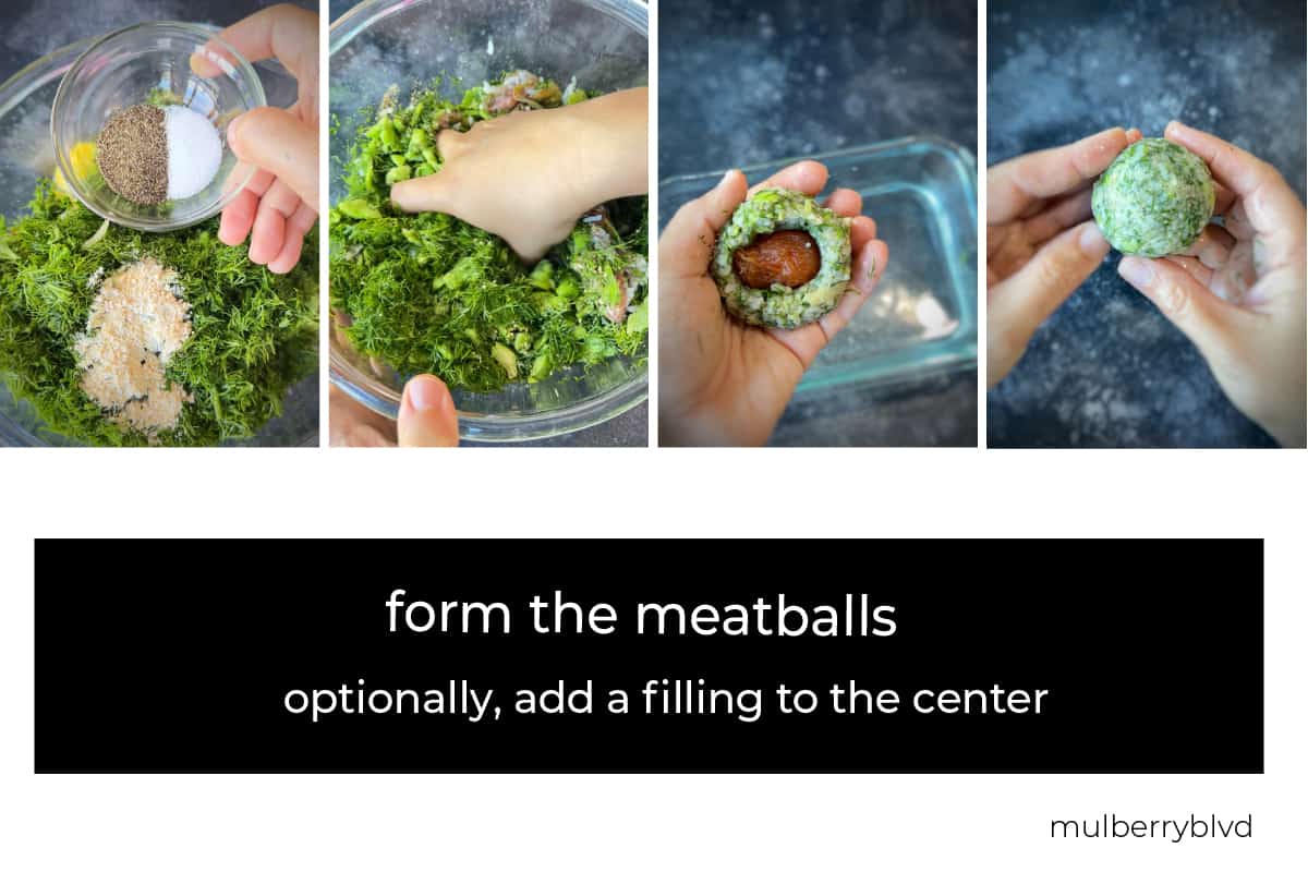 Images of forming the meatballs and optionally adding in a filling to the center