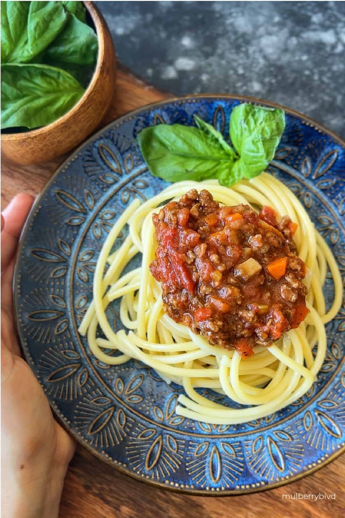 a hand holding a plate that has spaghetti with meat sauce on top, with a side of fresh basil leaves.
