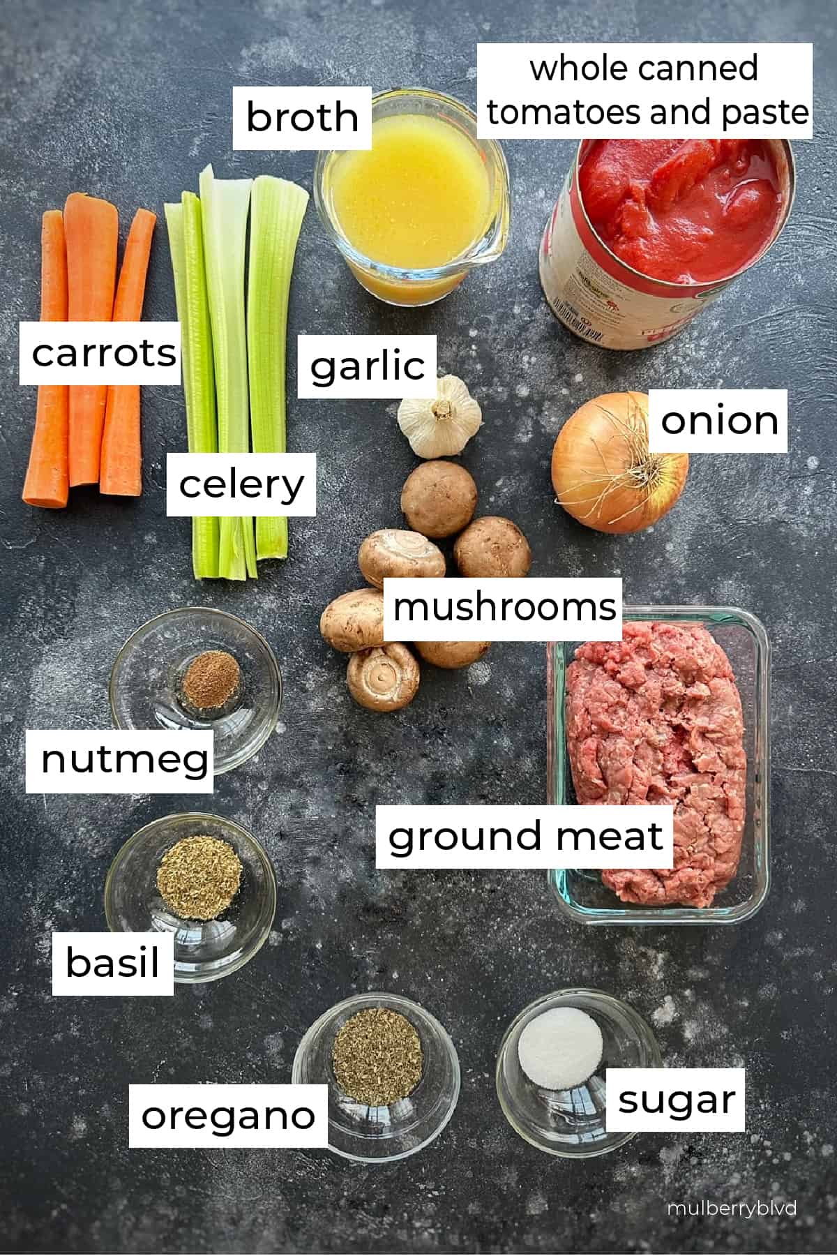 an image with all the ingredients with labels, including the vegetables, herbs and spices, meat, broth and tomatoes.
