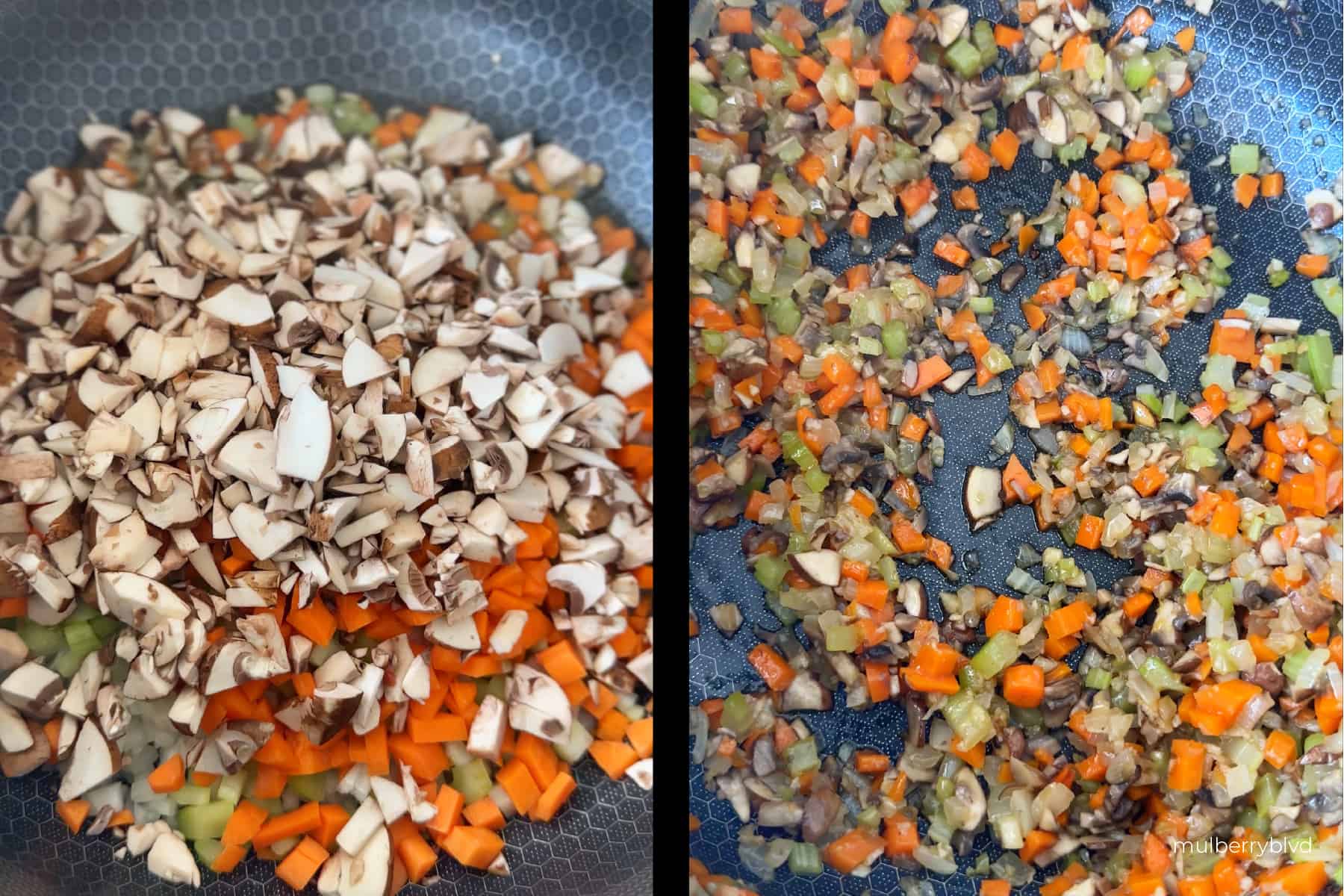 two images, the first one being raw, finely chopped onions, mushrooms, carrots and celery, and the second image is the same ingredients that have been sautéed.