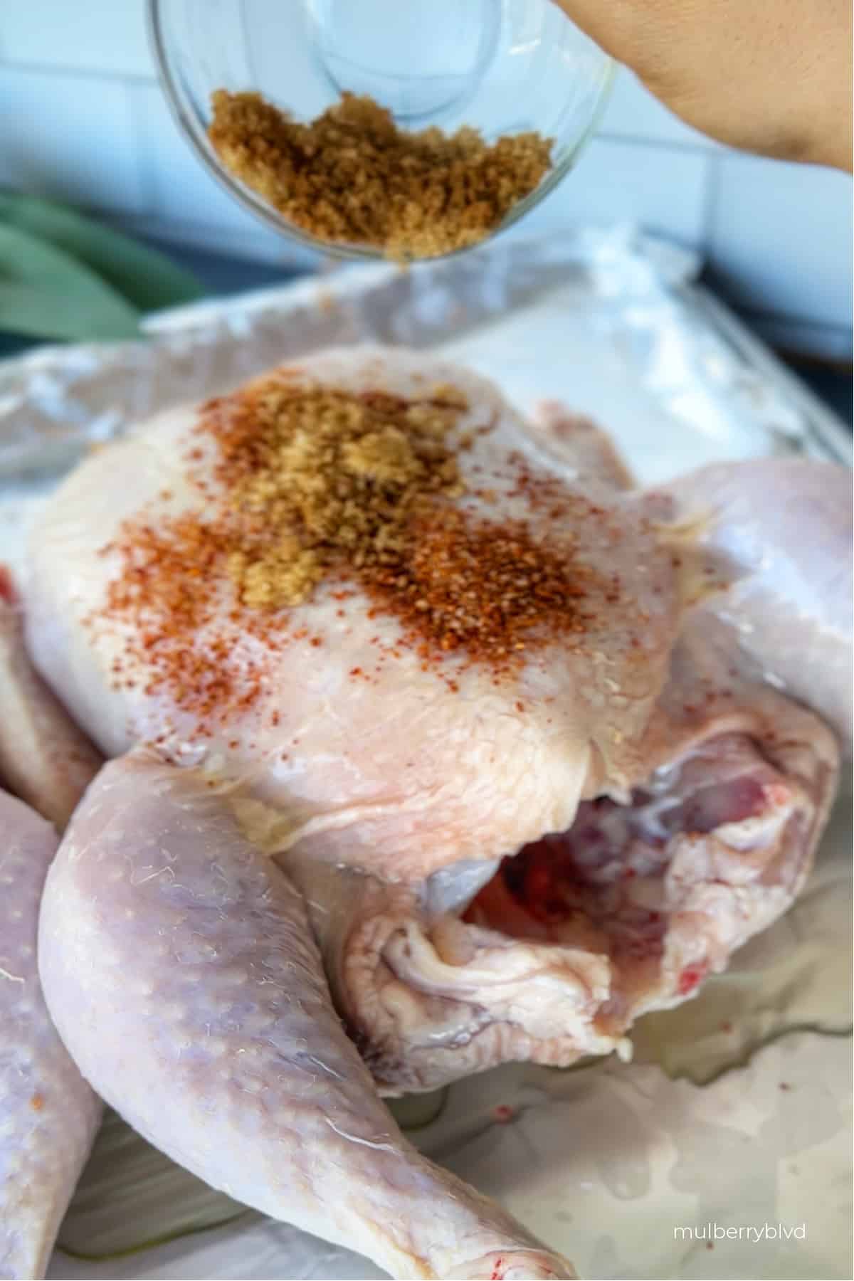 an image showing a hand sprinkling brown sugar, cinnamon and other spices on a raw chicken.
