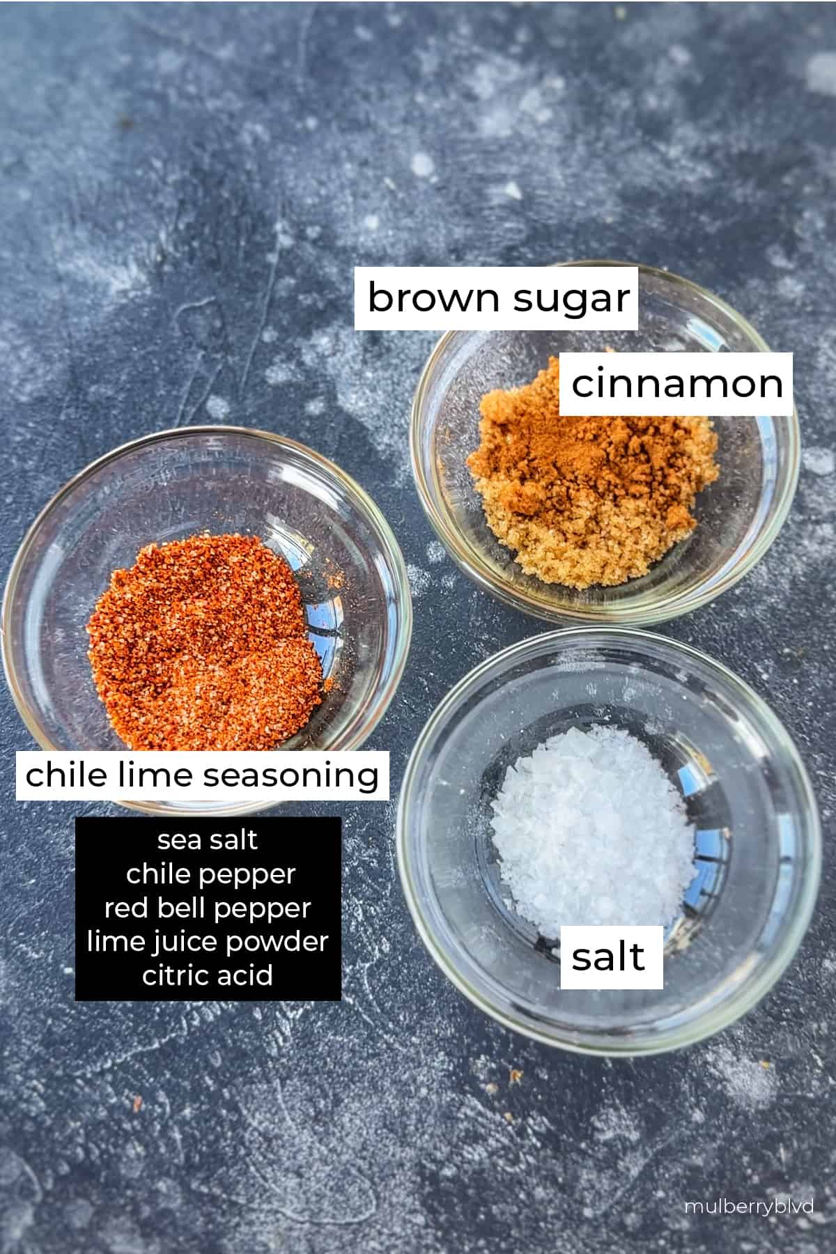 This is an image of the spices that are used to season the chicken. This includes salt, Chile lime seasoning, brown sugar and cinnamon.
