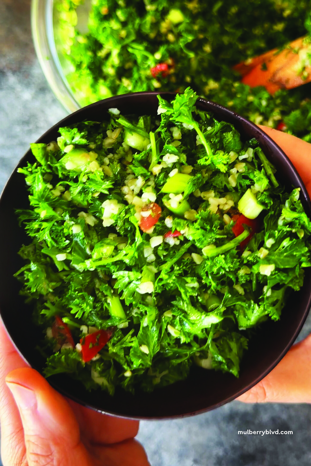 A bowl of tabouli (tabbouleh) made with lots of parsley, mint, tomatoes, cucumbers, bulgur and a lemon and olive oil dressing
