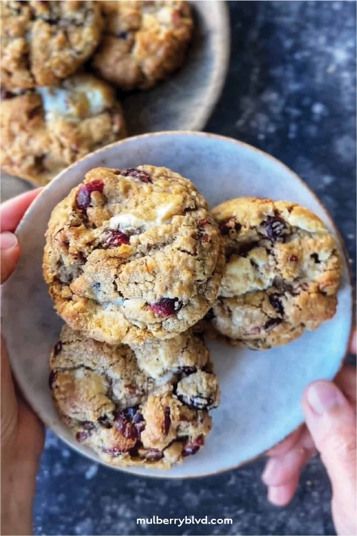 Oatmeal cookies with white chocolate chips, dried cranberries, and toasted pecans, stacked on a plate and perfect for holiday baking.