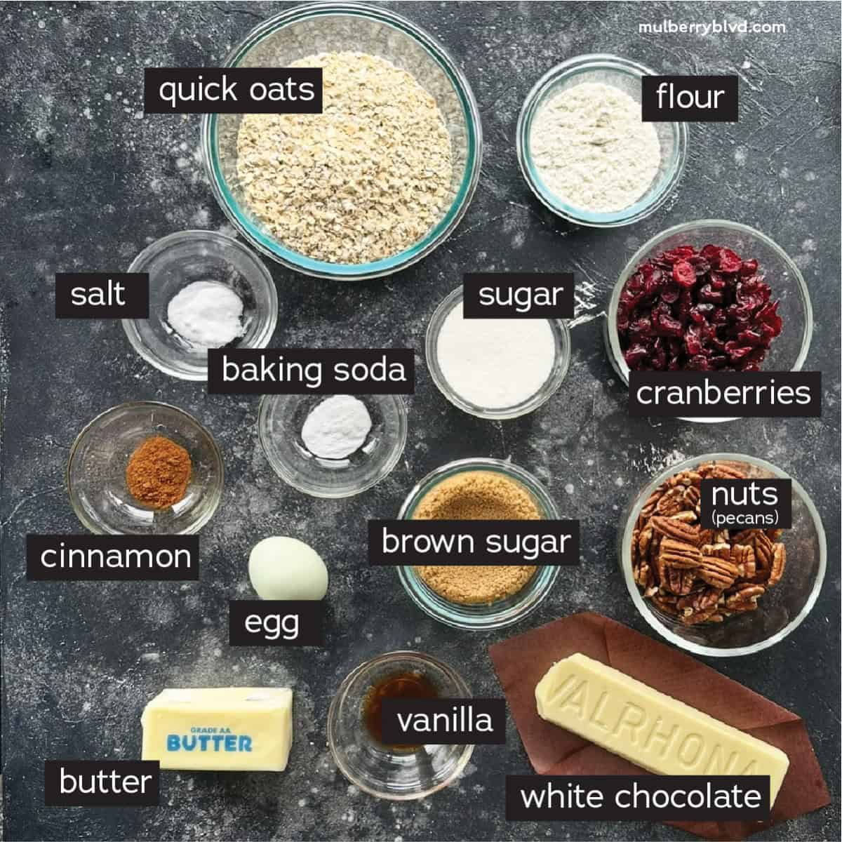 Ingredients for baking white chocolate cranberry oatmeal cookies laid out on a counter, including oats, cranberries, butter, white chocolate chips, vanilla, egg, cinnamon, baking soda, sugar, salt, nuts, quick oats and flower.